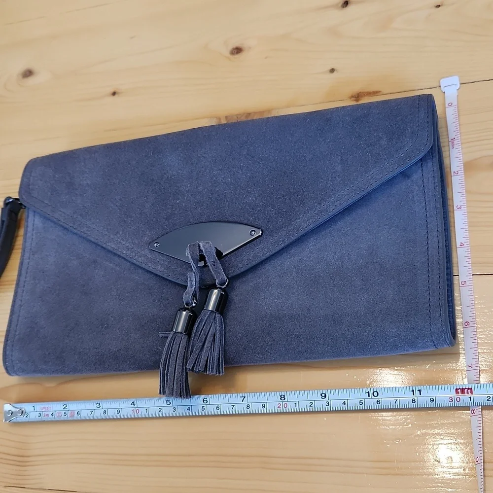 White House Black Market Gray Suede Clutch Wristlet Bag Tassels Envelope - Picture 11 of 13